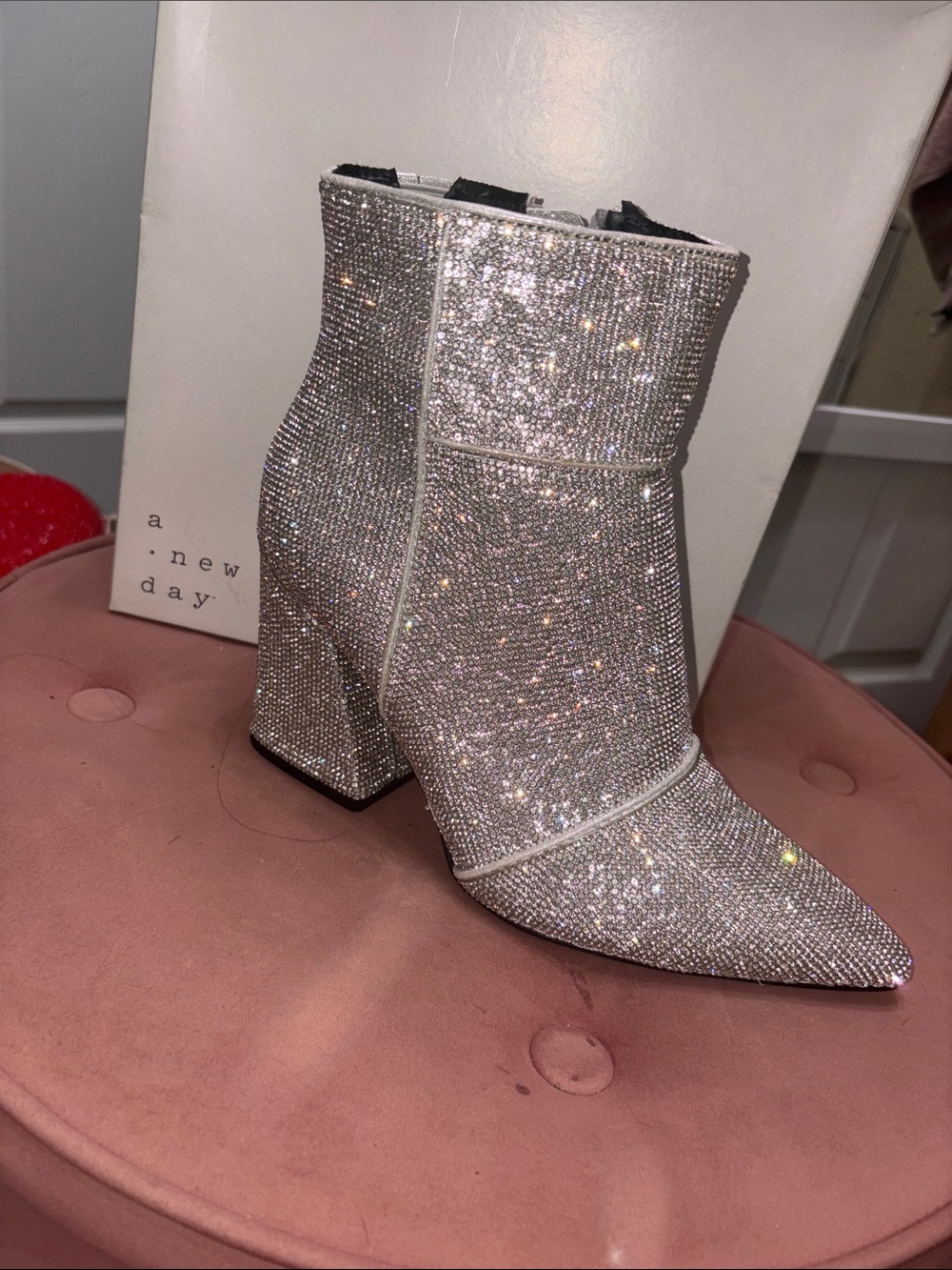 a new day Silver Sparkle Pointed Toe Block Heel Ankle Boots